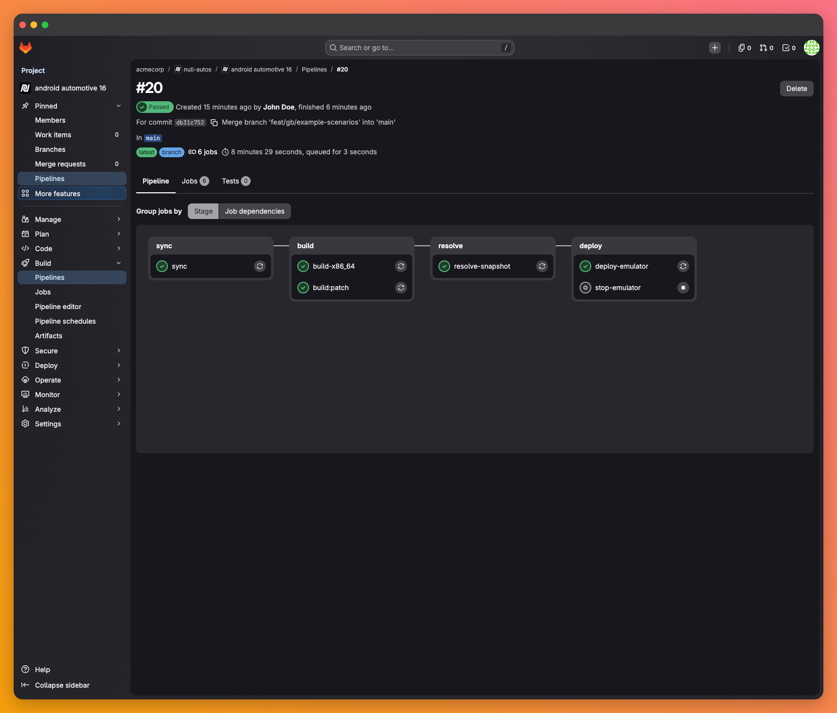 GitLab CI pipeline running the Null Autos AAOSP build template, all stages green